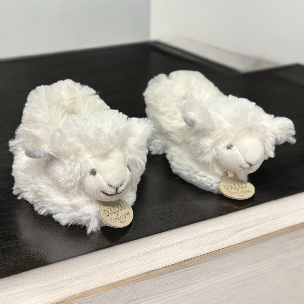 Doudou Et Compagnie Paris Baby Lamb Bootie Rattle Slippers White Blue Ears New
